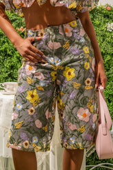 GARDEN PARTY STRETCH DENIM WITH FLORAL TULLE BERMUDA SHORTS