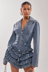 STRICTLY BUSINESS ROMPER IN LIGHT BLUE DENIM
