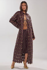 THE SNEAK PEEK STUDDED PU LONG CARDIGAN IN BURGUNDY