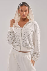 ALL IN WHITE RHINESTONE ZIP UP SWEATSHIRT