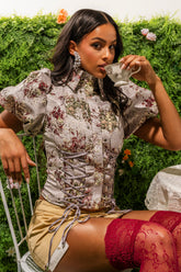 DARLING FLORAL BROCADE PUFF SLEEVE BLOUSE