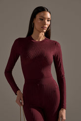 TWINKLING LIGHTS RHINESTONE LONG SLEEVE MESH BODYSUIT IN BURGUNDY