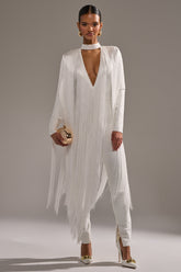 BELLE BANDAGE JUMPSUIT WITH FRINGE IN WHITE