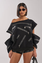 UN-ZIP ME OFF THE SHOULDER SWEATSHIRT