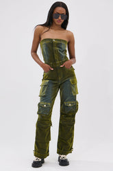 MIRA DISTRESSED VELVET DENIM JUMPSUIT