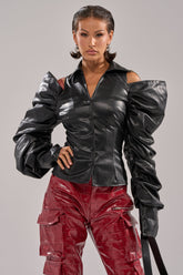 CRAZY IN LOVE BLACK FAUX LEATHER BUTTON DOWN BLOUSE