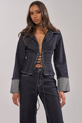 DON'T TALK TO ME LACE UP DENIM BLOUSE