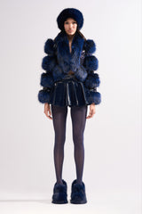 SHE IS ON FIRE FAUX LEATHER MINI SKIRT IN NAVY