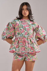 TEA TIME FLORAL BROCADE SHORT SLEEVE BLOUSE