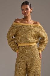 PRETTY IN GOLD OFF THE SHOULDER SWEATSHIRT