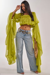 SLOUCHY SQUARE NECK LONG SLEEVE BLOUSE TOP IN CHARTREUSE