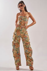 IN HER ELEMENT FLORAL WOVEN JUMPSUIT IN BROWN MULTI