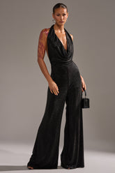 MAKE YOU DO A DOUBLE TAKE RHINESTONE JUMPSUIT IN BLACK