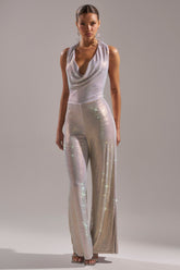 MAKE YOU DO A DOUBLE TAKE RHINESTONE JUMPSUIT IN CHAMPAGNE