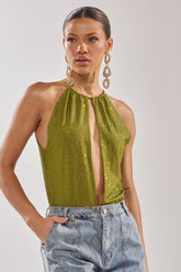 SHINING DOWN ON YOU RHINESTONE BODYSUIT IN GREEN