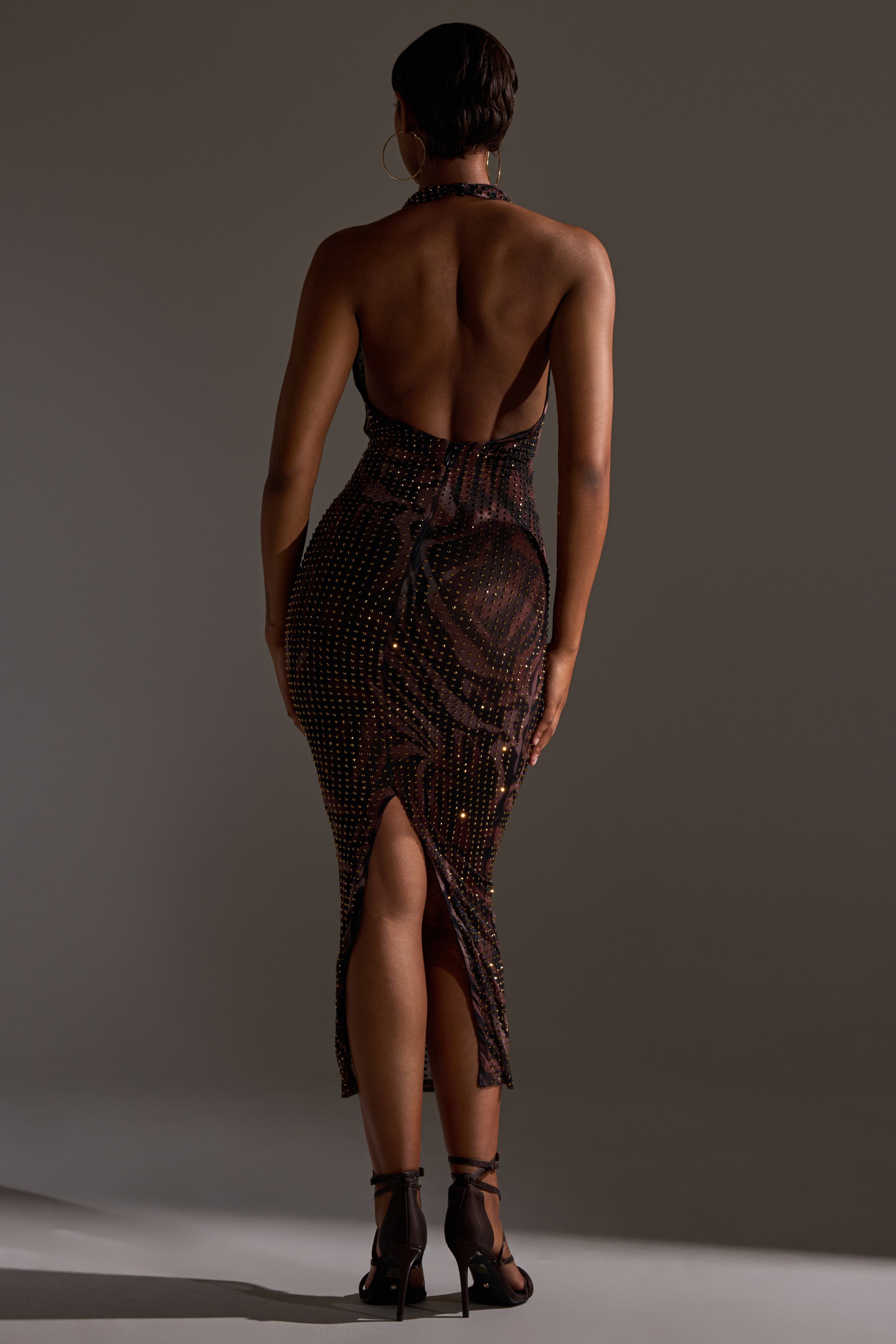 LENNON PRINTED MESH RHINESTONE MIDI DRESS