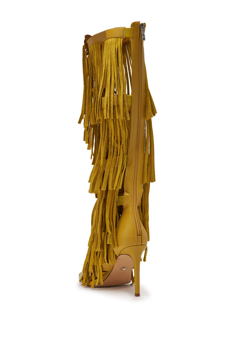 AZALEA WANG SAMEYANA MUSTARD FRINGE AND METAL STILETTO GLADIATOR SANDAL